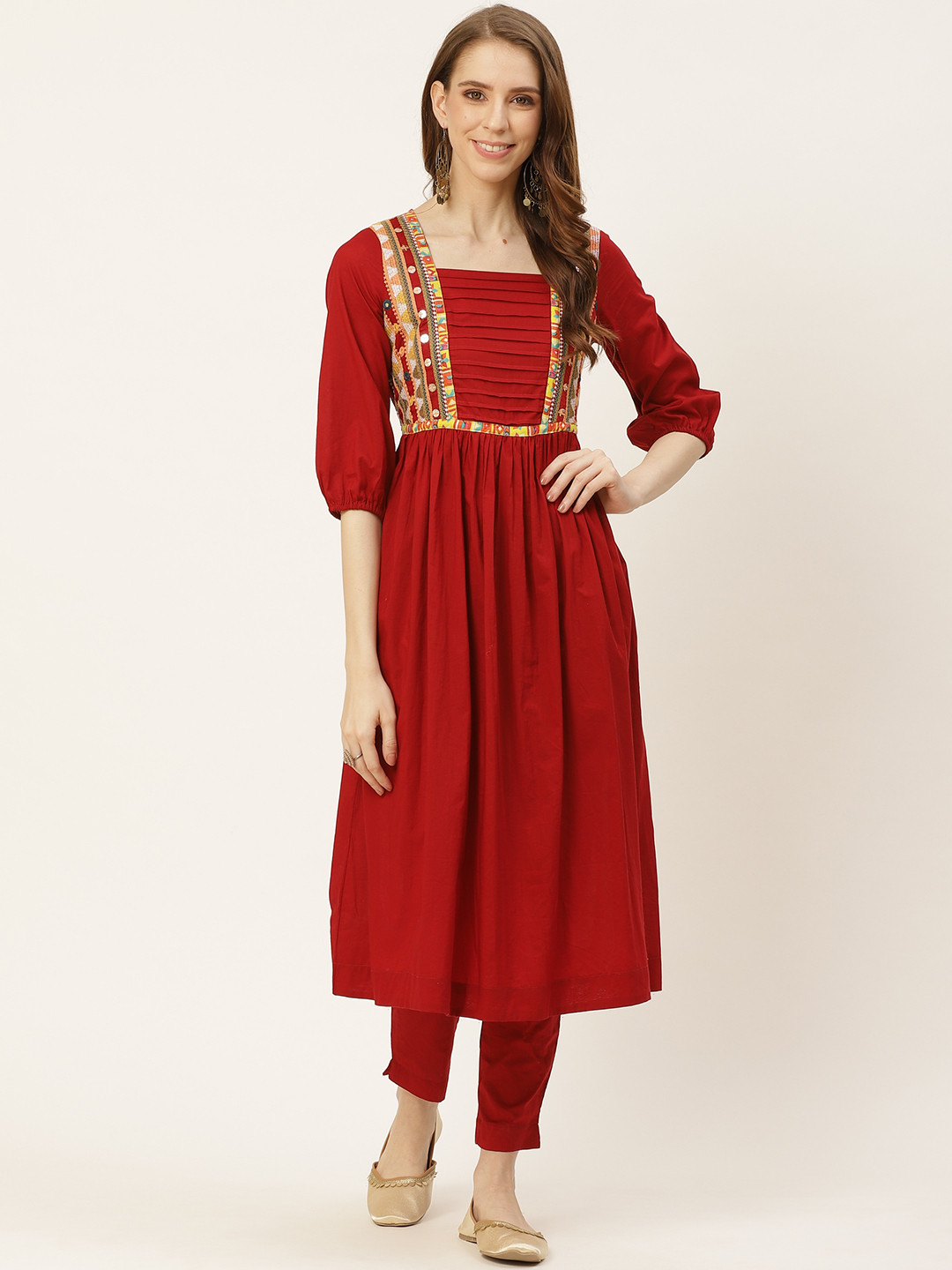 

Sangria Women Maroon Pleated Pure Cotton Kurta with Trousers