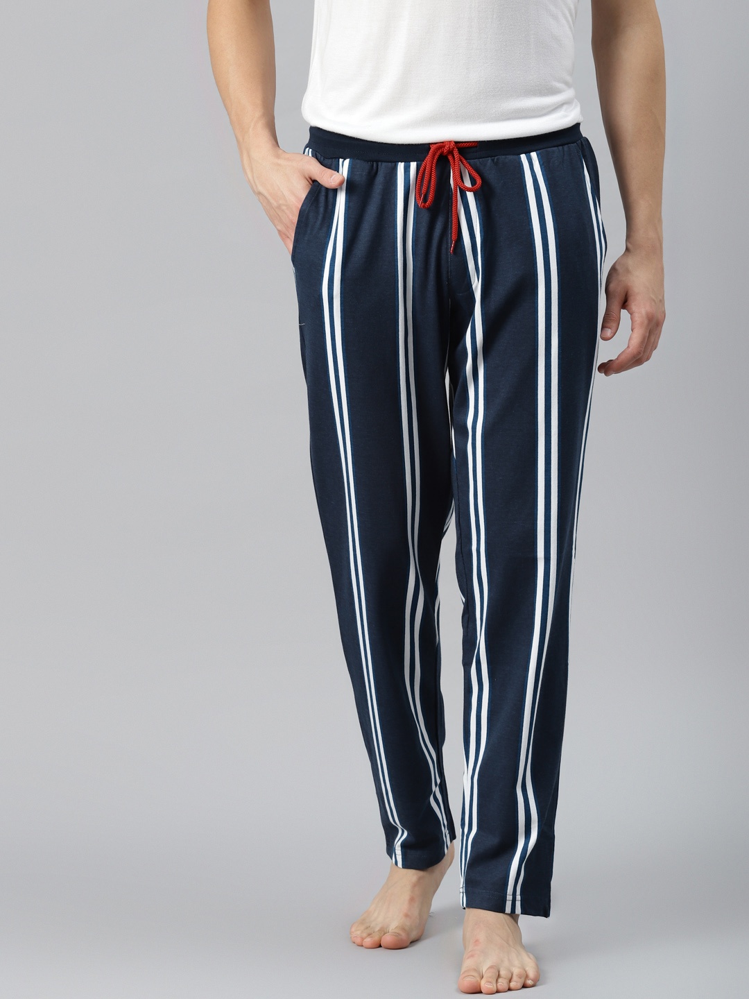 

Mast & Harbour Men Navy Blue & White Regular Fit Striped Pure Cotton Lounge Pants