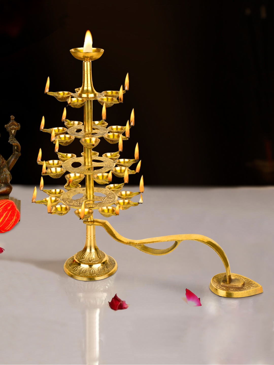 

StyleMyWay Pure Brass Ganga Aarti Pooja Diya with Handle 5 Tier 31 Wicks, Gold