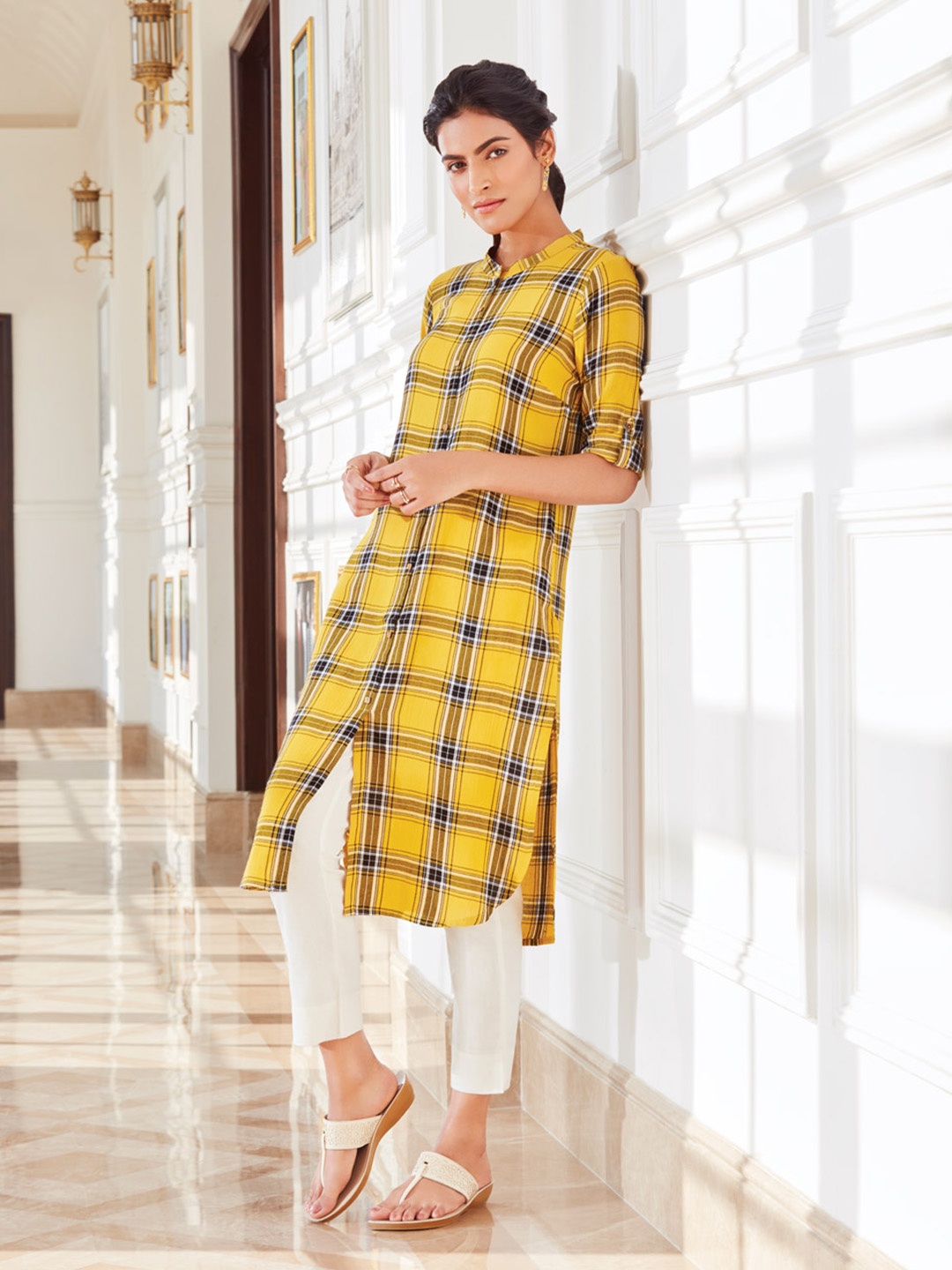 

AURELIA Women Yellow & Blue Checked Pathani Kurta