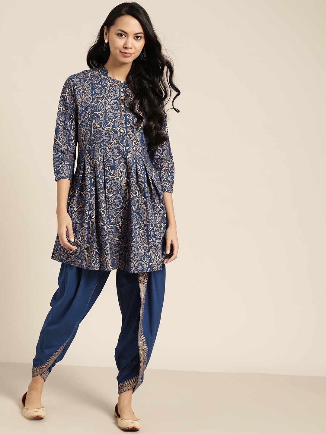 

Sangria Women Navy Blue Ethnic Motifs Printed Pleated Pure Cotton Kurti with Dhoti Pants