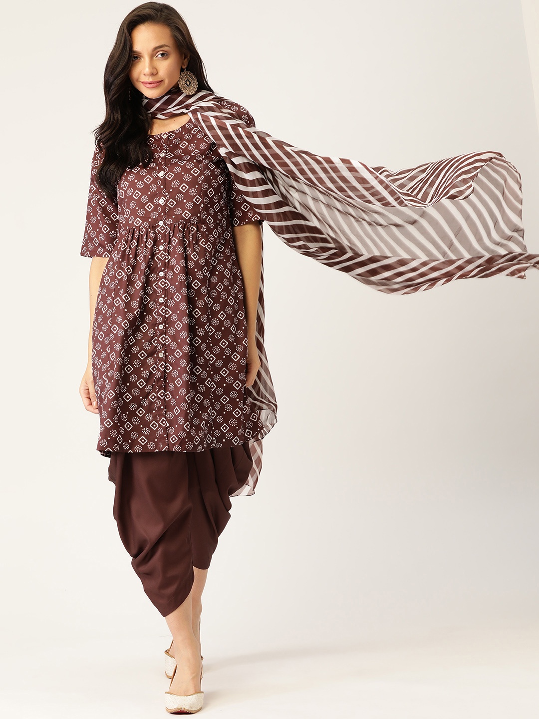 

Sangria Women Brown Ethnic Motifs Printed Panelled Kurta with Dhoti Pants & With Dupatta