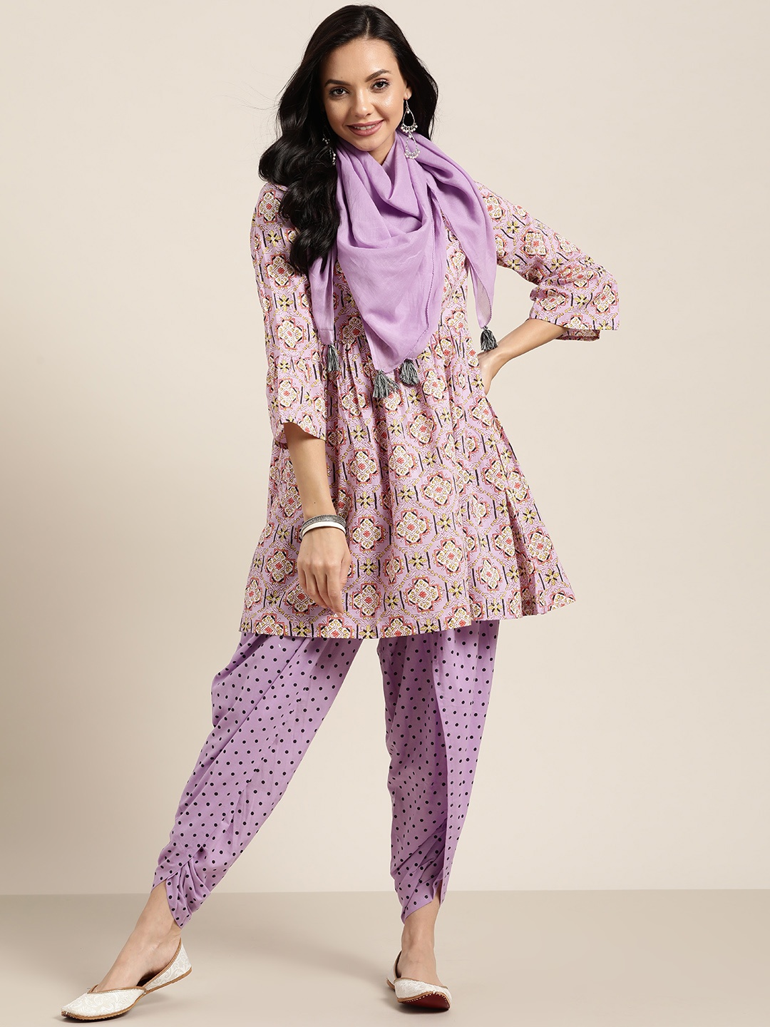 

Sangria Women Purple Ethnic Motifs Printed Pure Cotton Kurta with Dhoti Pants & Stole