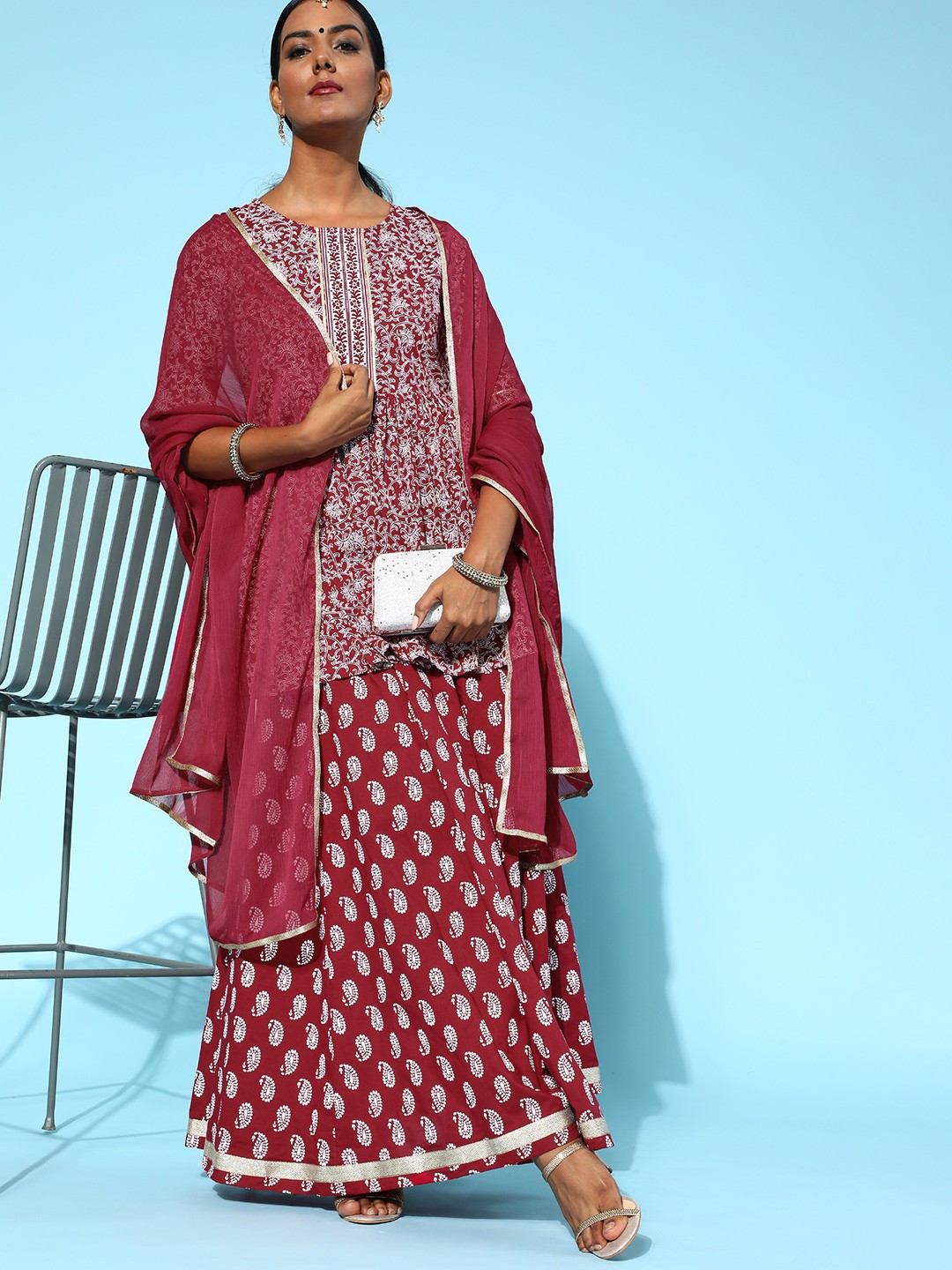 

Sangria Maroon & White Printed Cotton Ready to Wear Fusion Lehenga & Kurti With Dupatta