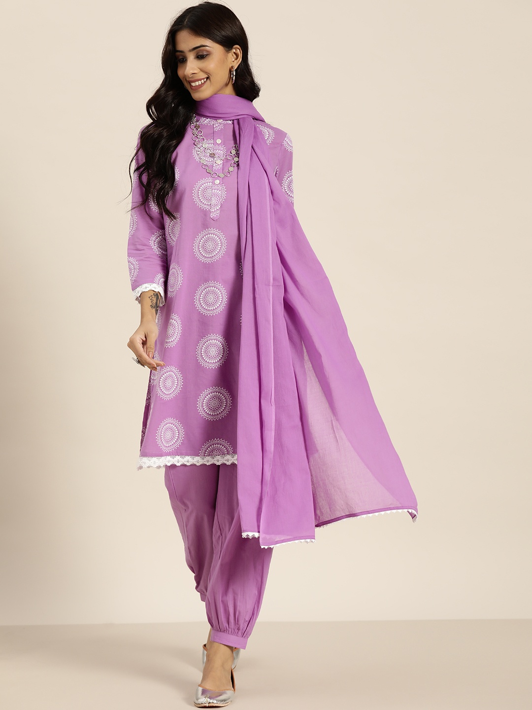 

Sangria Women Lavender Ethnic Motifs Printed Pure Cotton Kurta with Salwar & With Dupatta