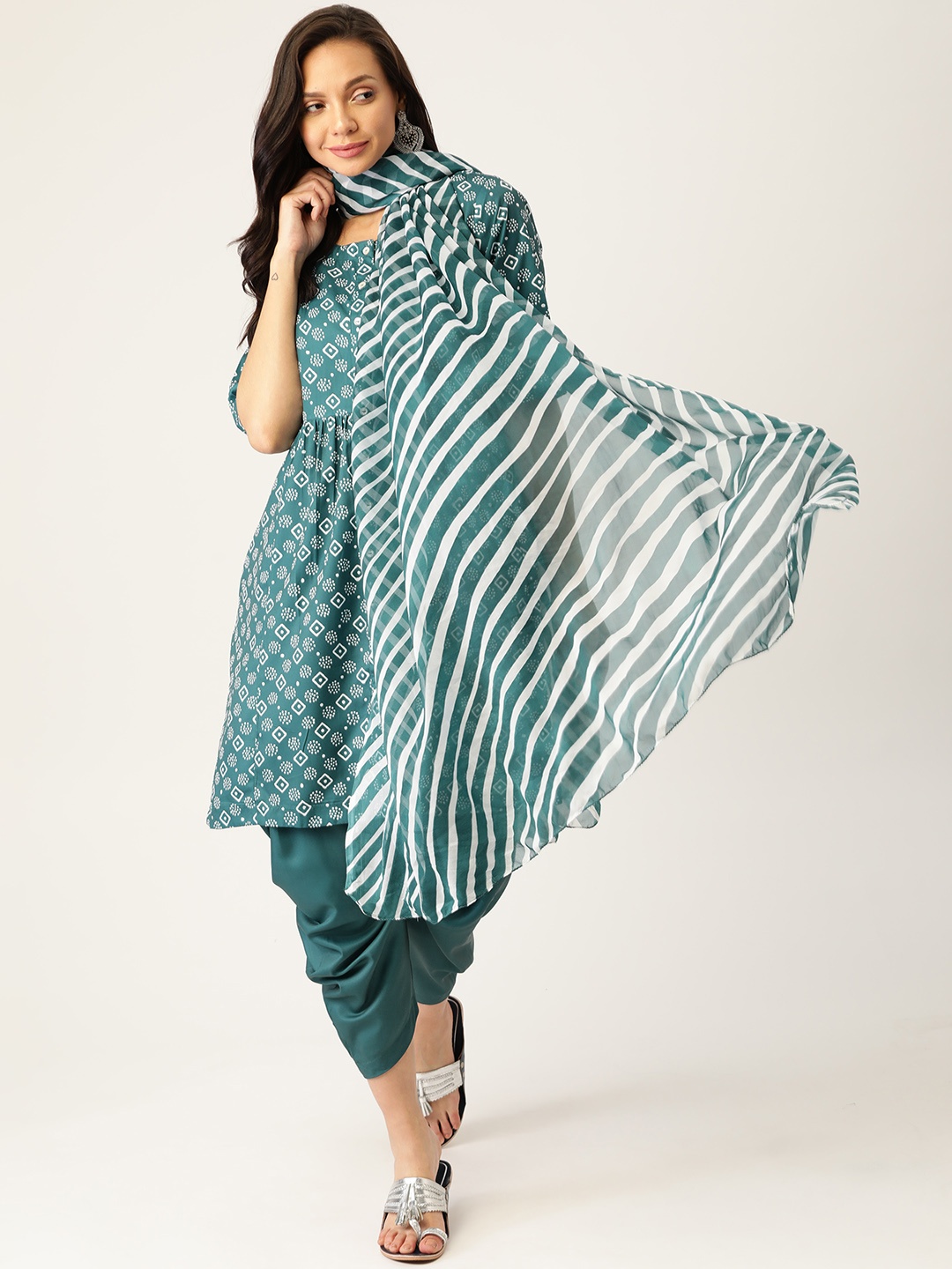 

Sangria Women Blue Ethnic Motifs Printed Panelled Kurta with Dhoti Pants & With Dupatta