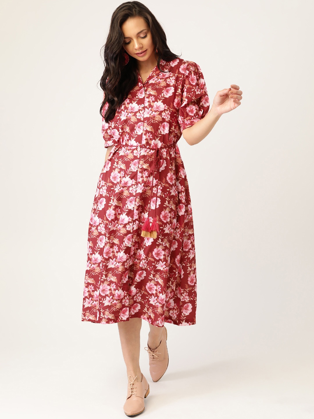 

Sangria Burgundy & White Floral A-Line Dress With Cuffed Sleeves