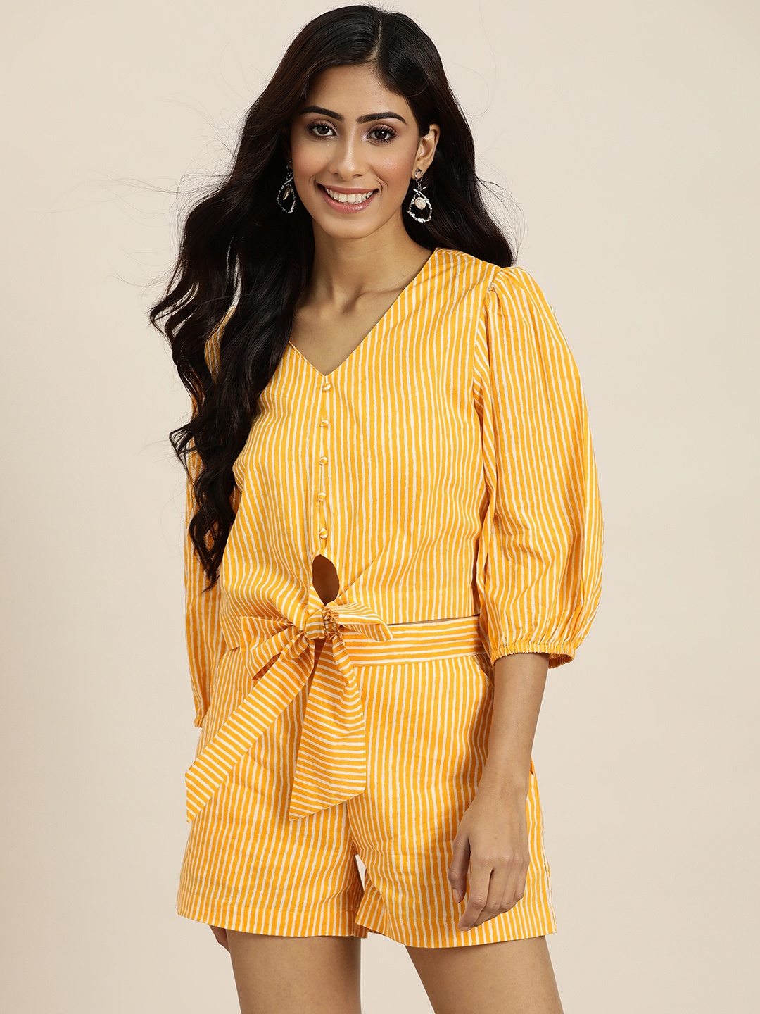 

Sangria Yellow & Off White Pure Cotton Striped Co-Ords