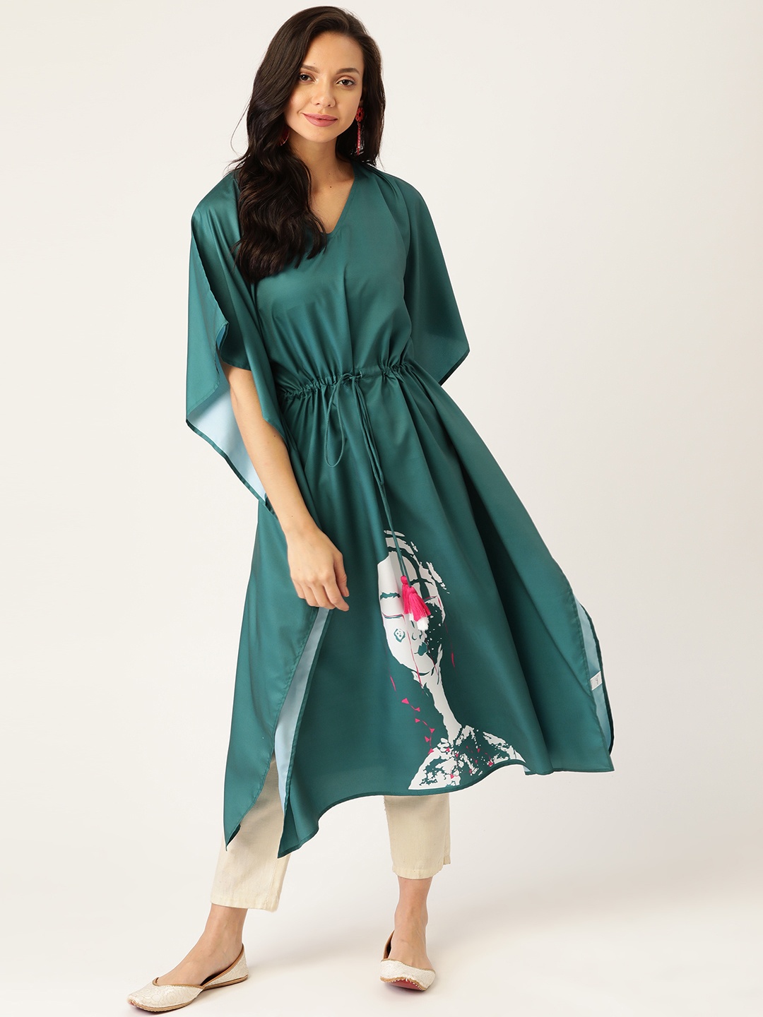 

Sangria Women Teal Green & White Quirky Printed Extended Sleeves Kaftan Kurta