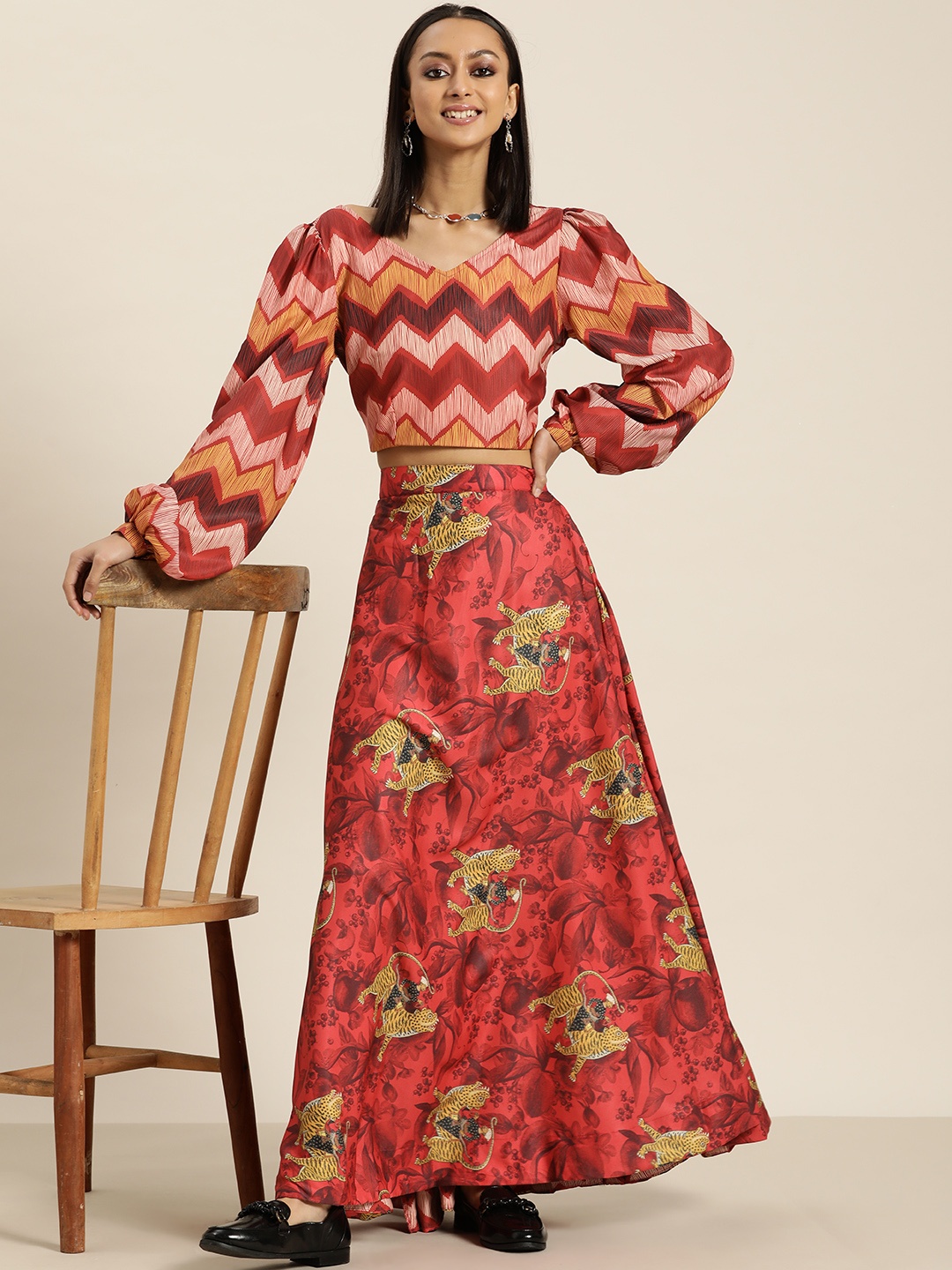

Sangria Red & Beige Printed Ready to Wear Lehenga & Choli