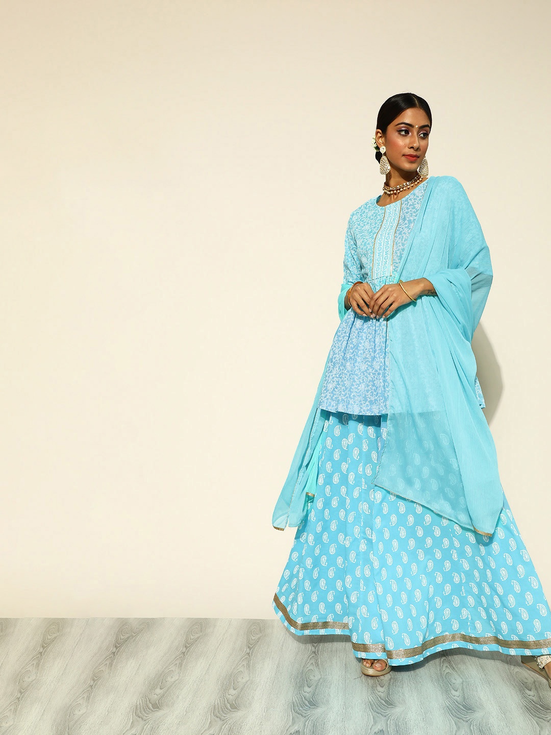 

Sangria Women Blue Ethnic Print Gotta Patti Pure Cotton Lehenga with Top & Dupatta