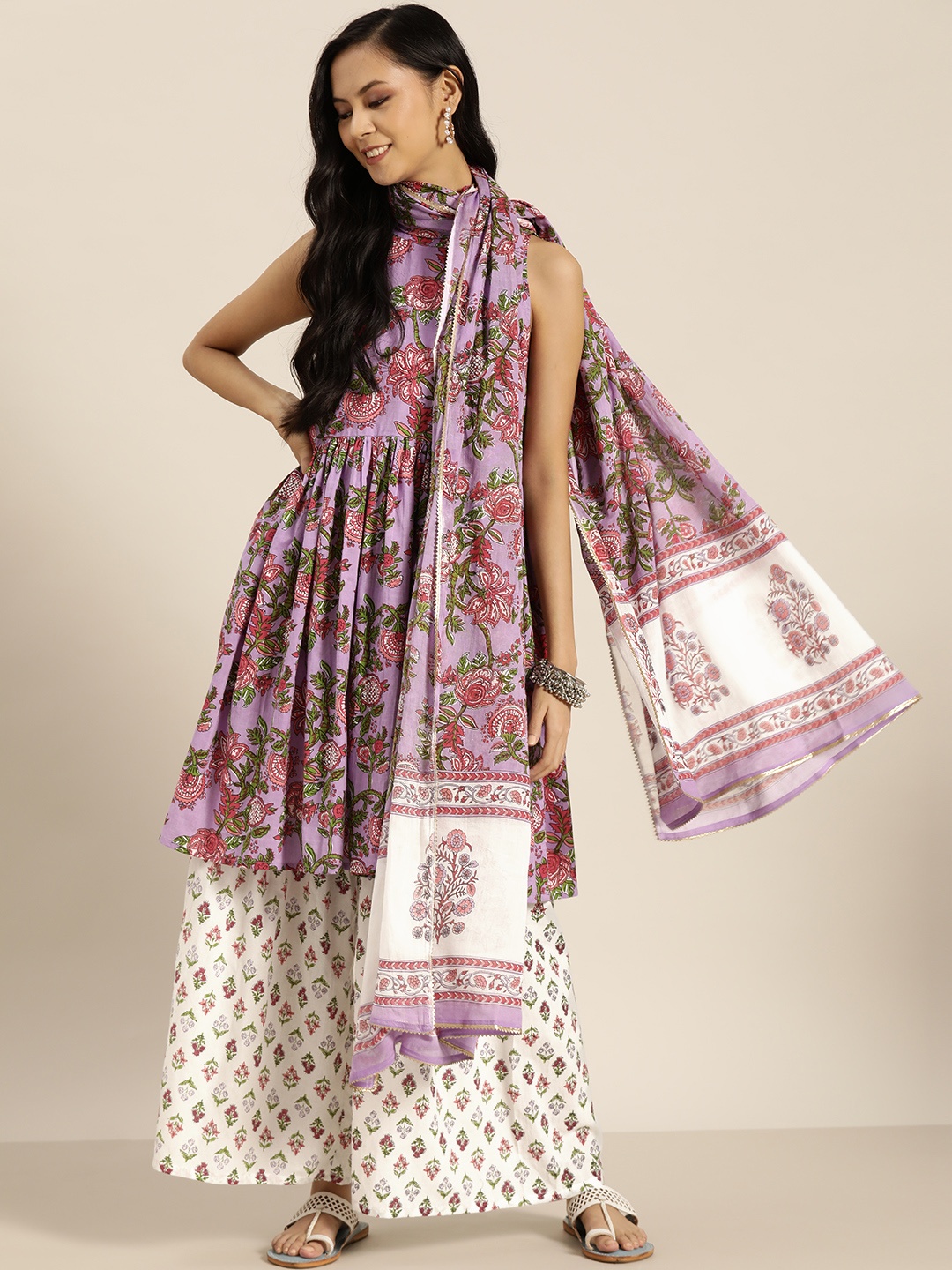 

Sangria Women Lavender & White Ethnic Printed Pure Cotton Kurta & Palazzos With Dupatta