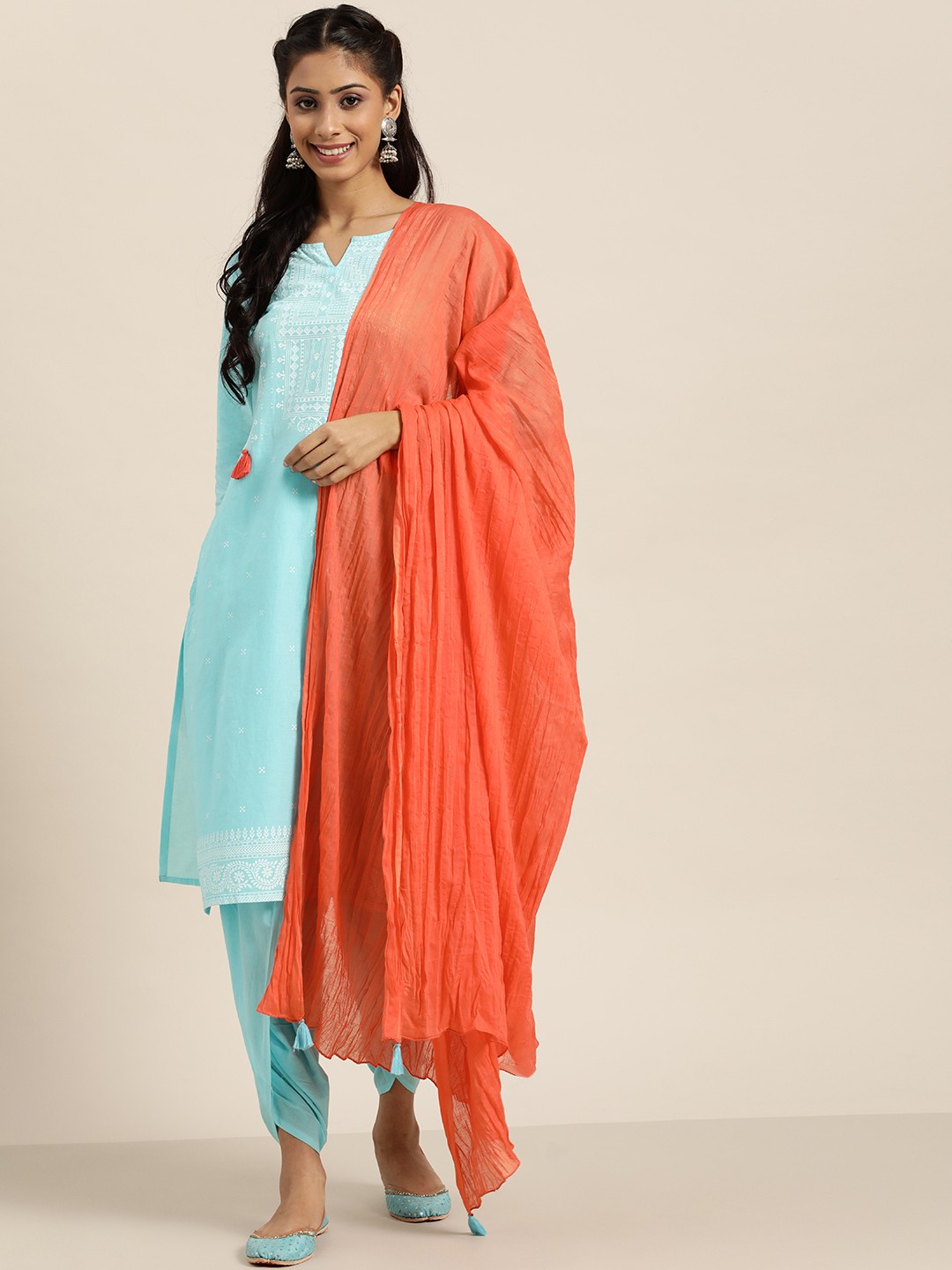 

Sangria Women Blue Printed Pure Cotton Kurta with Dhoti Pants & With Dupatta