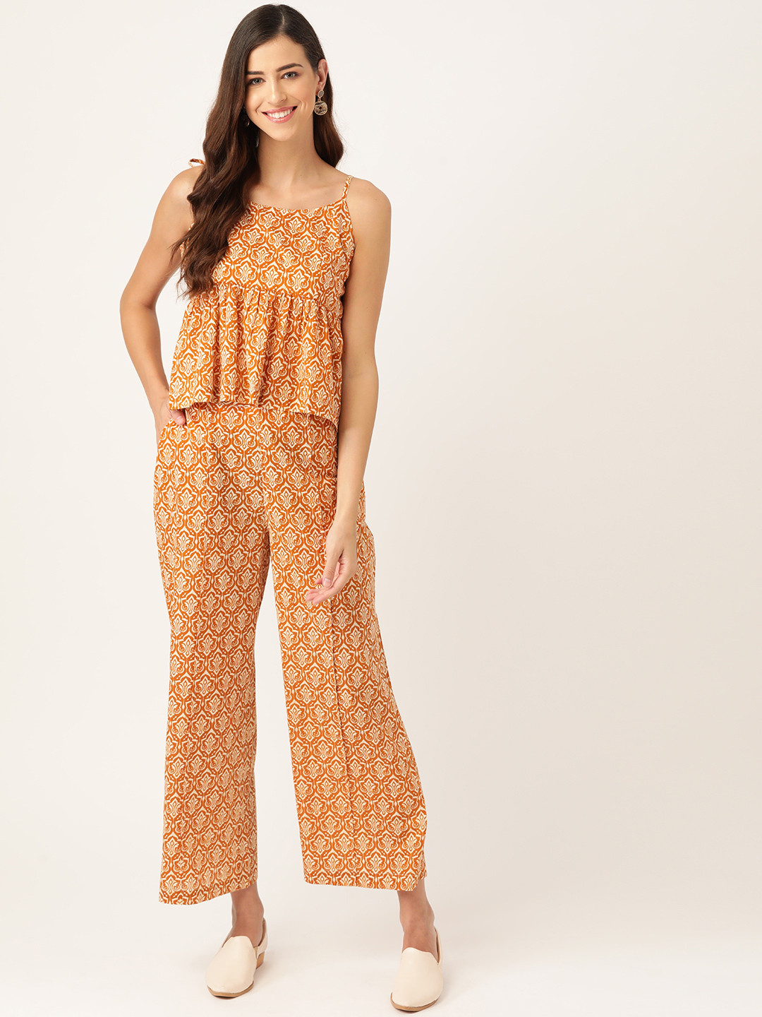 

Sangria Women Mustard Orange & Off White Gathered Ethnic Motifs Print Top with Palazzos