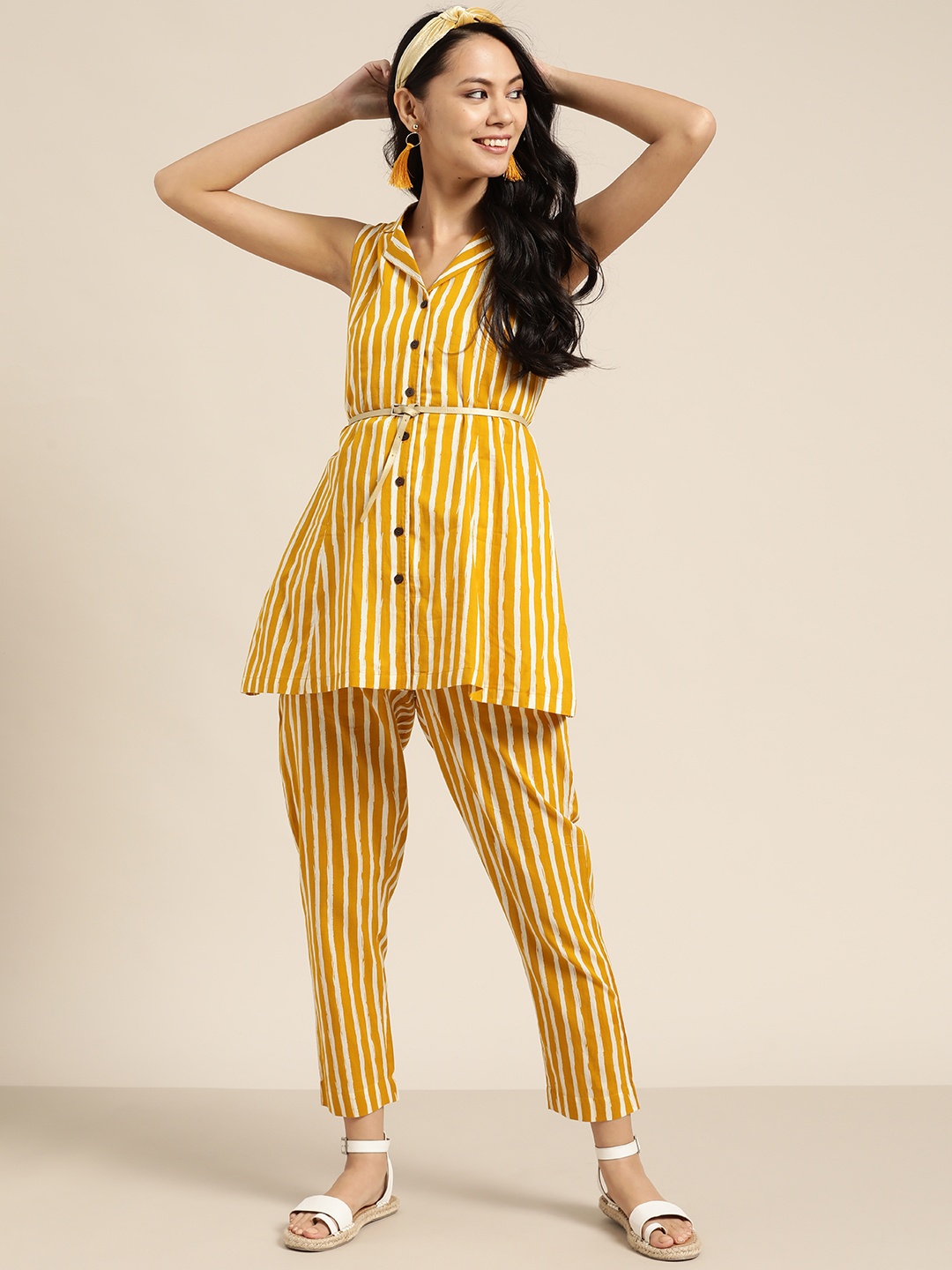 

Sangria Women Mustard Yellow & Off White Striped Pure Cotton Top with Trousers