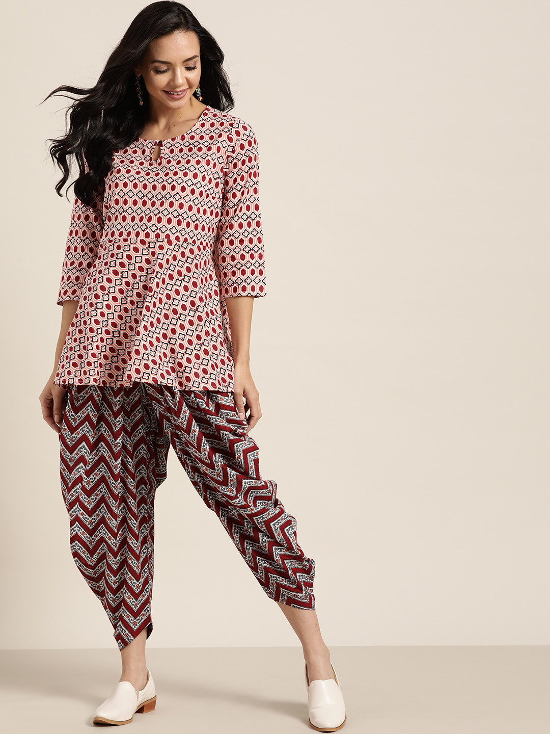 

Sangria Women Maroon & White Printed Pure Cotton Kurta with Dhoti Pants