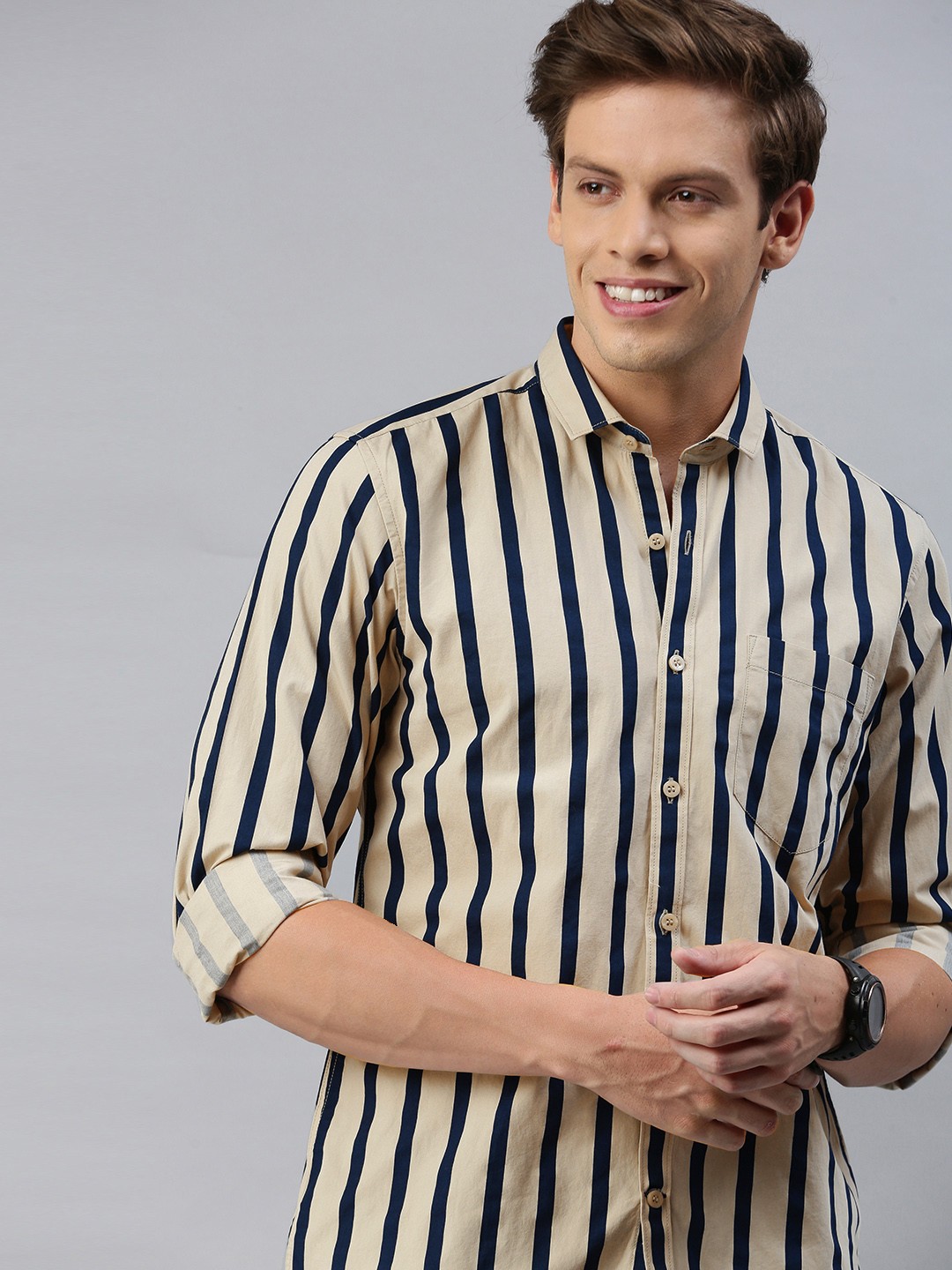 

Mast & Harbour Men Beige & Navy Blue Slim Fit Striped Casual Shirt