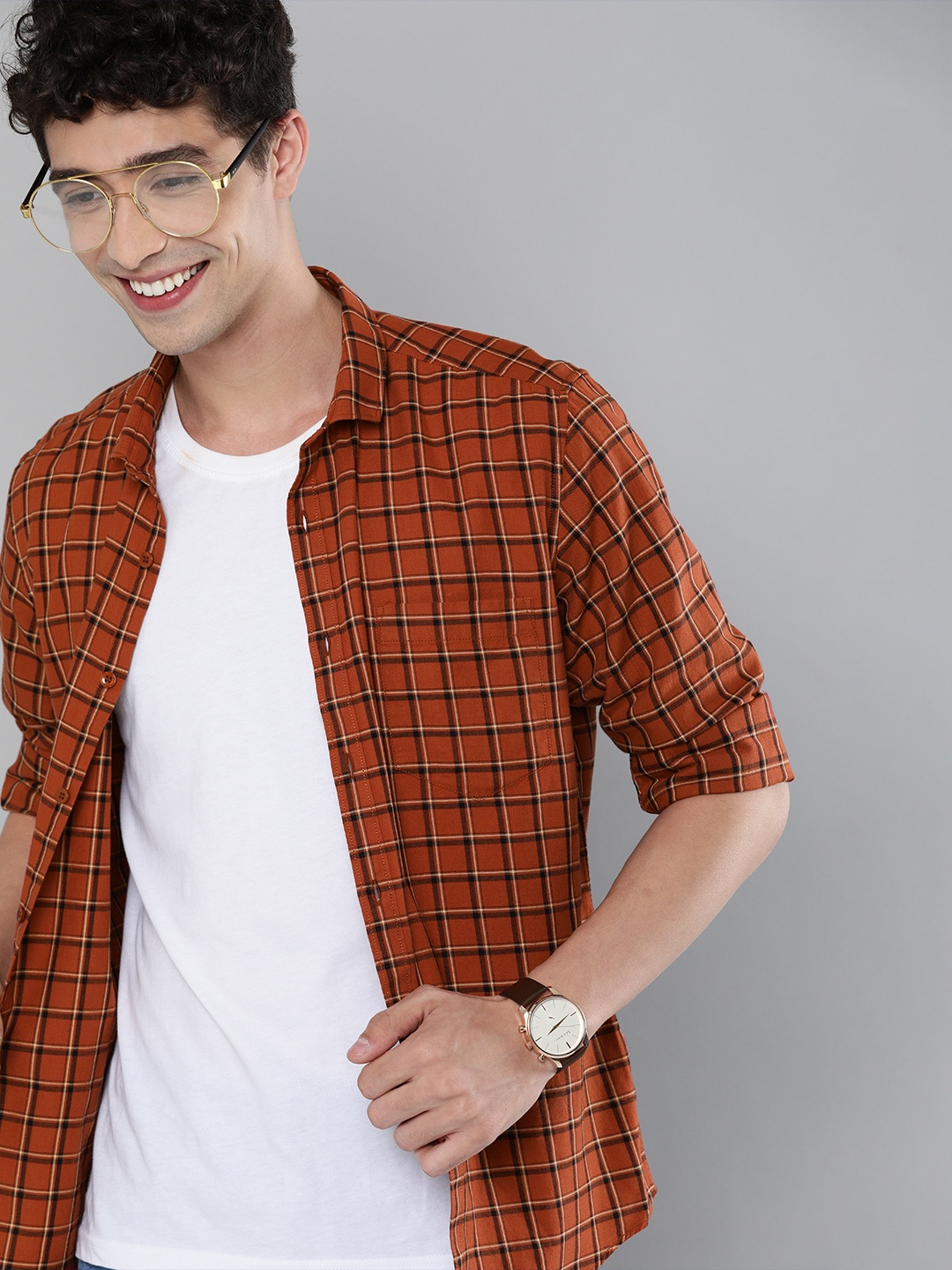 

Mast & Harbour Men Rust Orange & Black Windowpane Checks Checked Casual Shirt