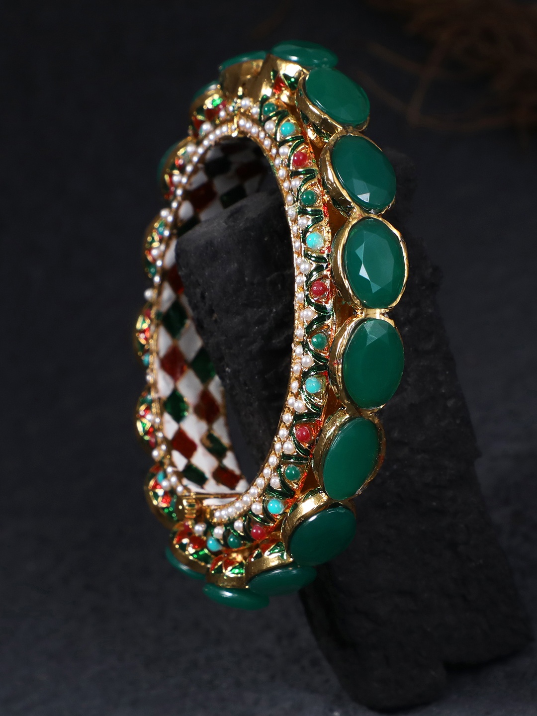 

Adwitiya Collection 24CT Gold-Plated Green & Red Stone-Studded Handcrafted Kada