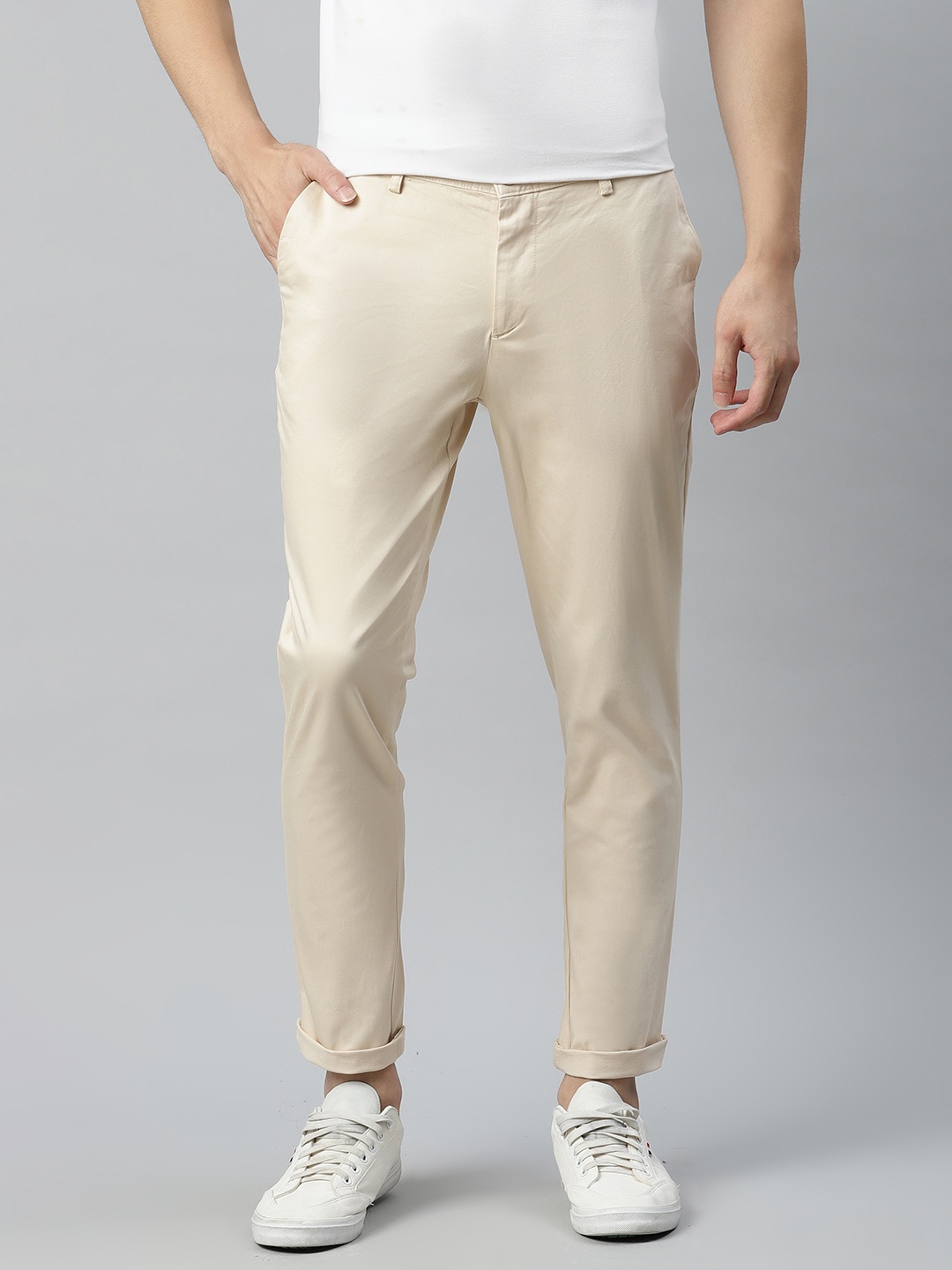 

Mast & Harbour Men Cream-Coloured Regular Fit Solid Trousers