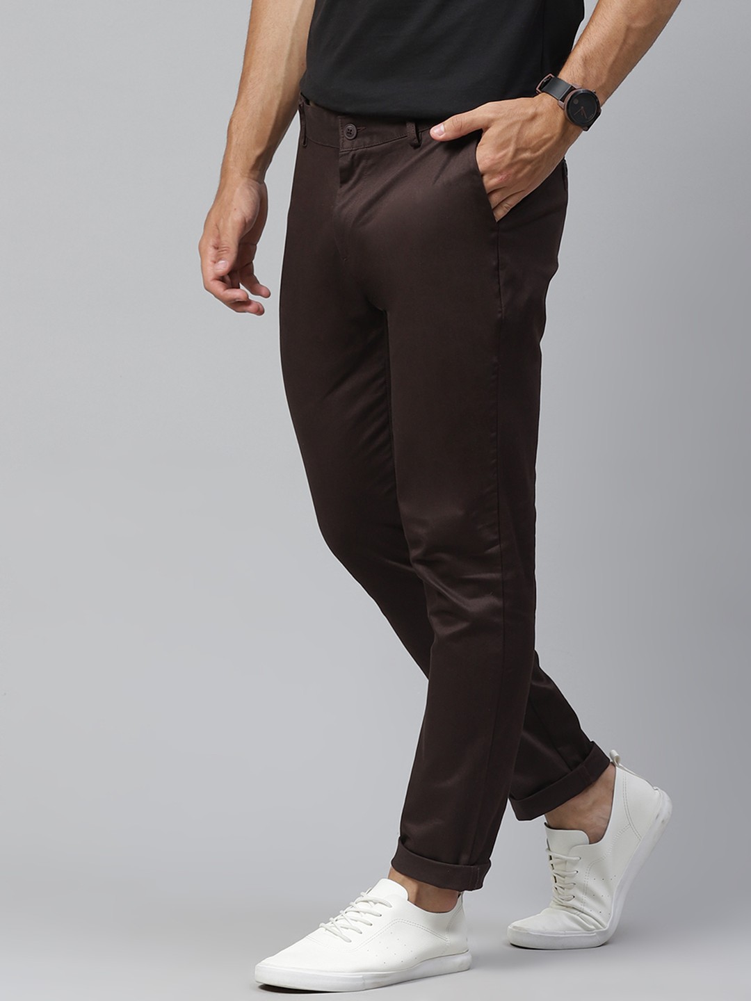 

Mast & Harbour Men Brown Solid Regular Trousers