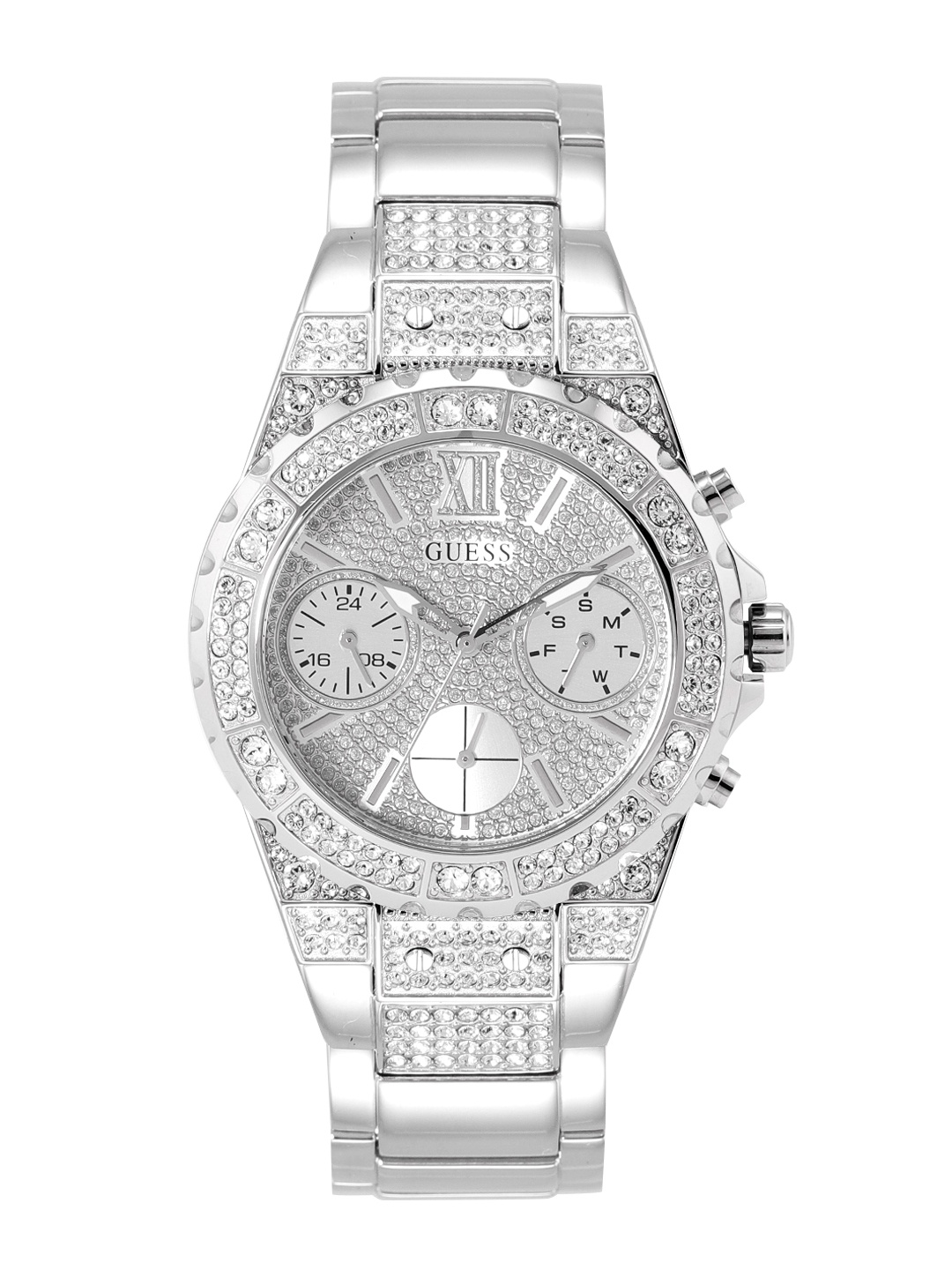 

GUESS Women Silver-Toned Swarovski Studded Analogue Watch GW0037L1