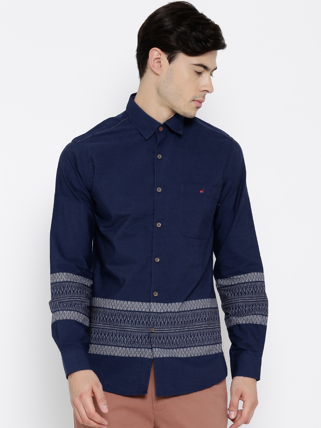 

Wills Lifestyle Navy Printed Slim Casual Shirt, Navy blue