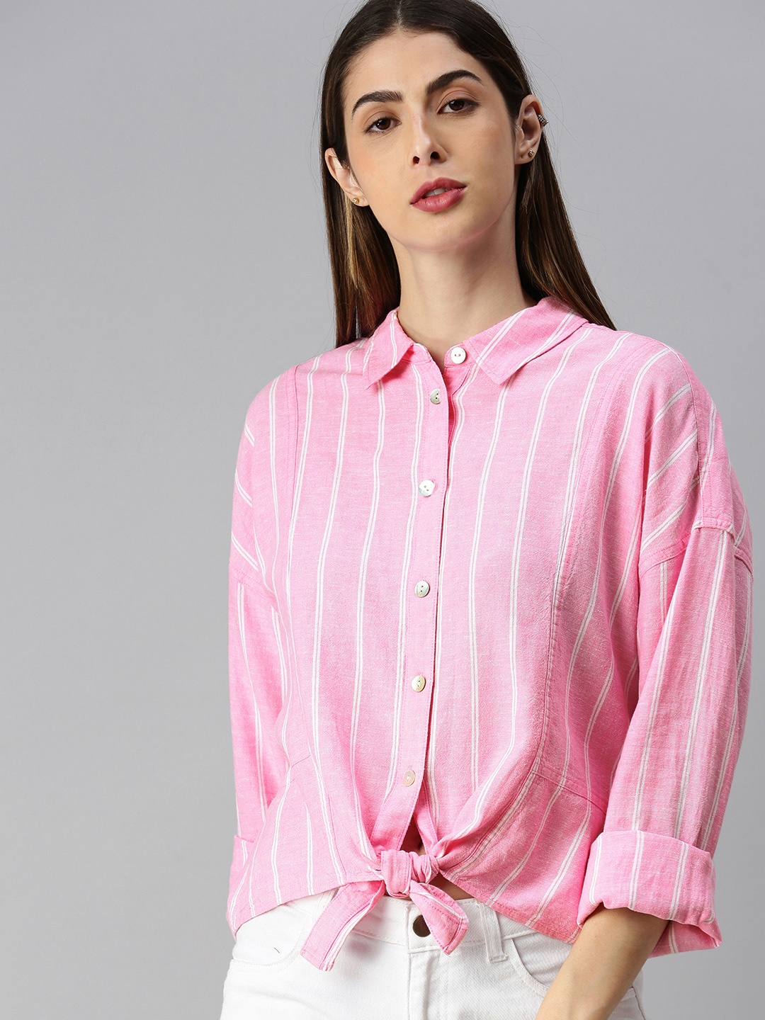 

Tommy Hilfiger Women Pink & White Relaxed Fit Striped Waist Tie-Up Detailing Casual Shirt