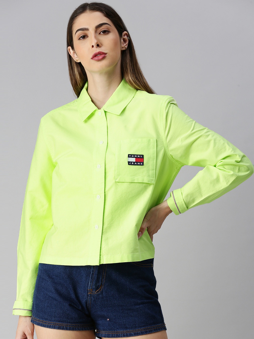 

Tommy Hilfiger Women Lime Green Regular Fit Solid Casual Shirt with Applique Detail
