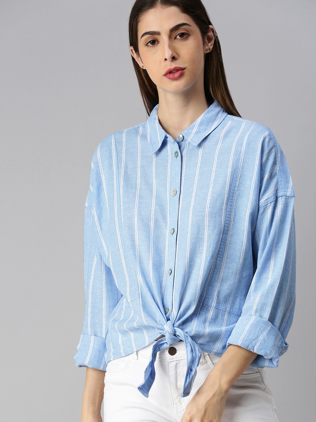 

Tommy Hilfiger Women Blue & White Relaxed Striped Casual Shirt with Waist Tie-up Detailing