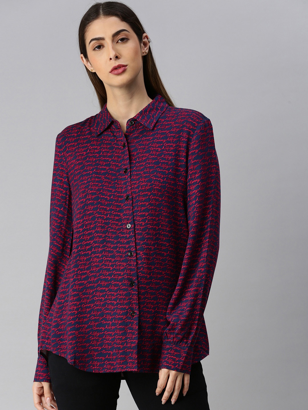 

Tommy Hilfiger Burgundy & Navy Blue Printed Shirt Style Top