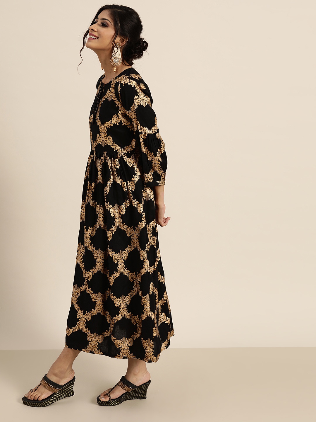 

Shae by SASSAFRAS Women Black & Golden Printed A-Line Midi Dress