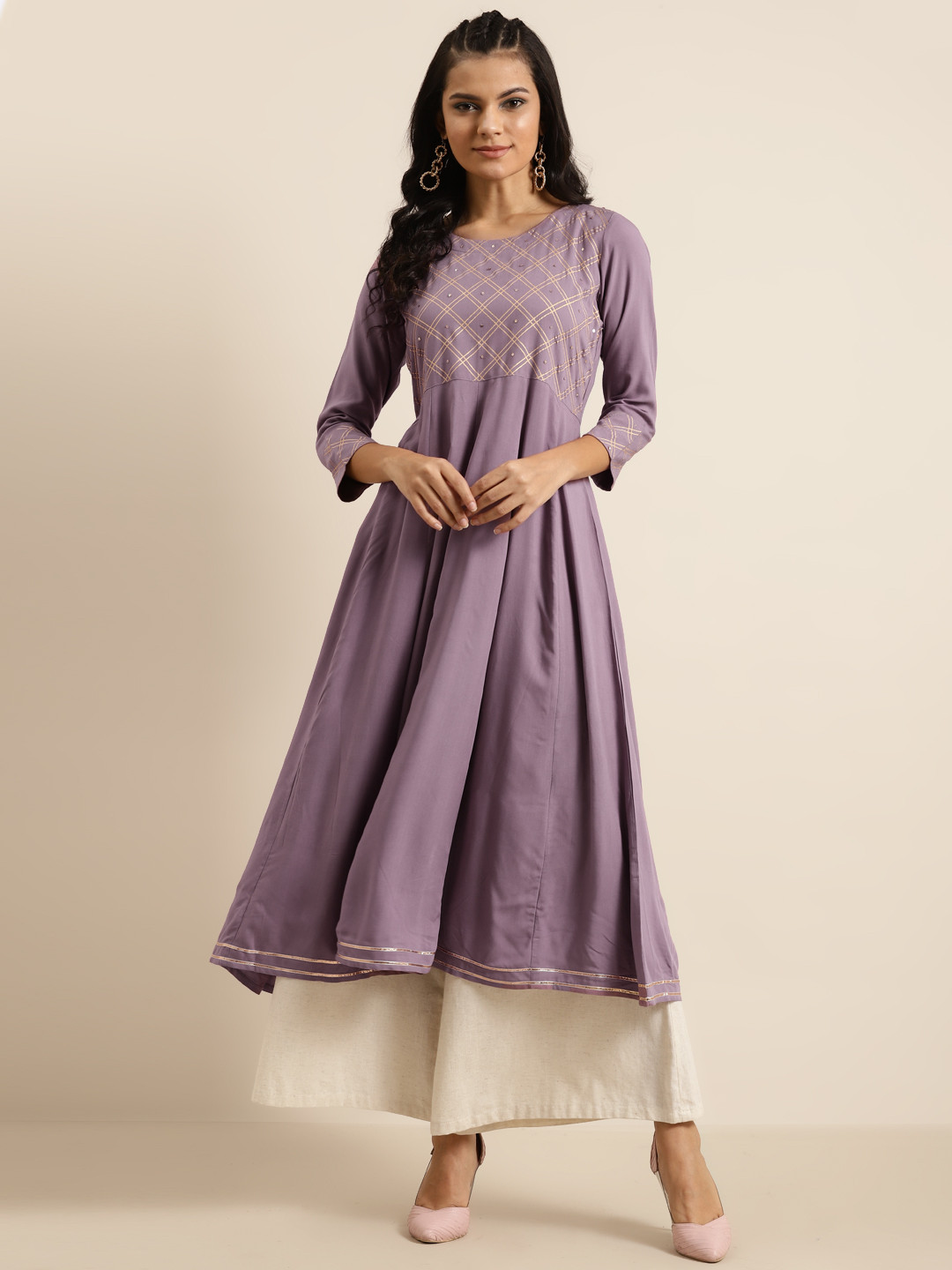 

Shae By Sassafras Women Lavender & Golden Geometric Yoke Design Liva Kurta