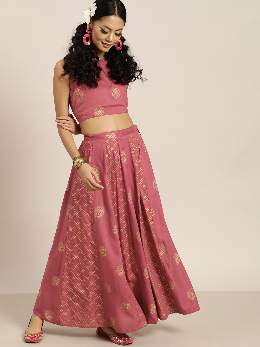 

Shae by SASSAFRAS Pink & Gold-Toned Printed Ready to Wear Lehenga & Choli