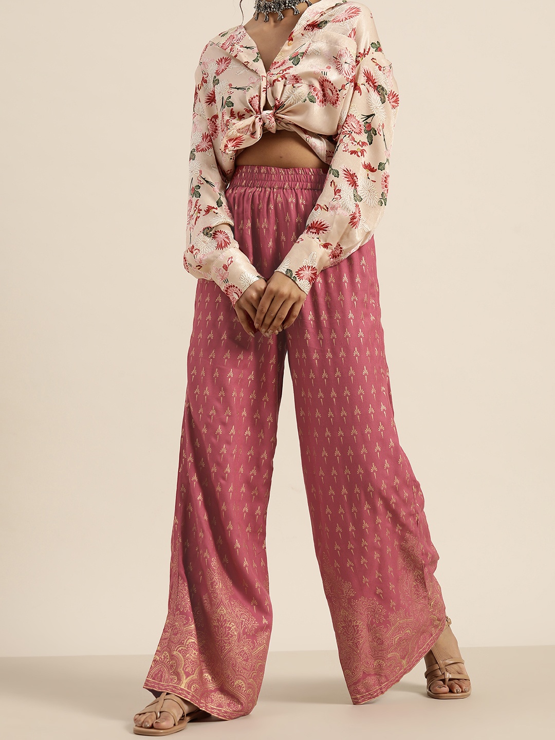 

Shae by SASSAFRAS Women Mauve & Golden Foil Printed Straight Palazzos