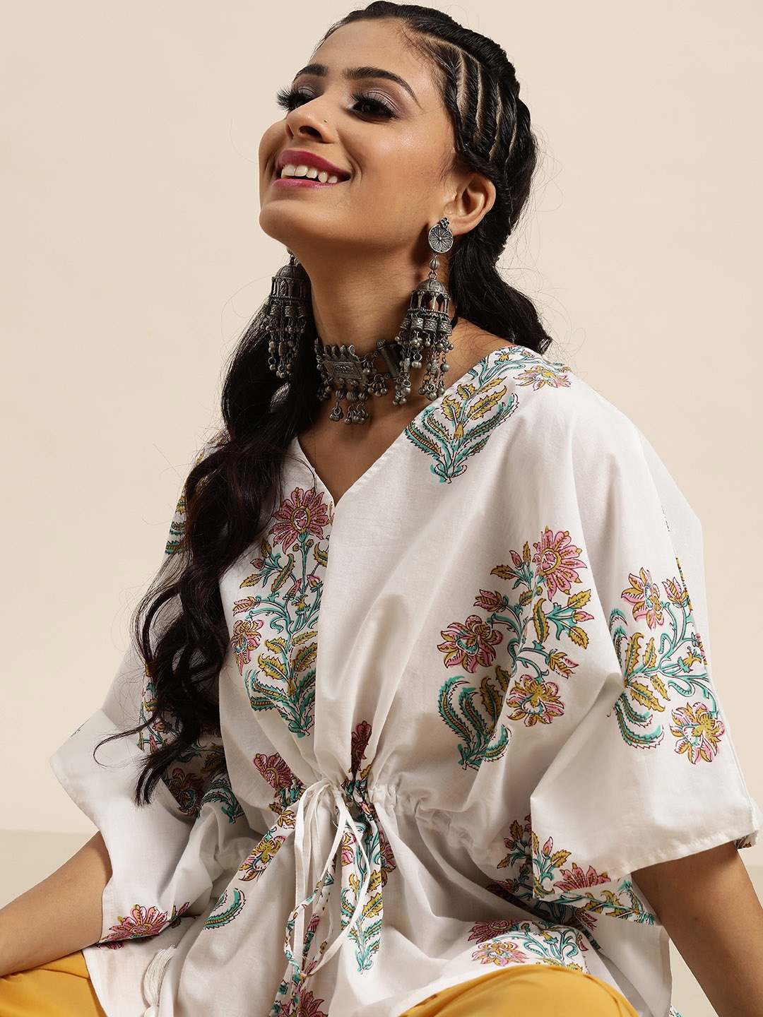

Shae by SASSAFRAS White & Pink Pure Cotton Printed Kimono Sleeves Kaftan Top