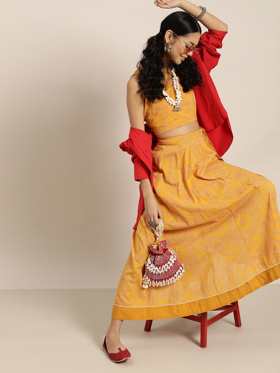 

Shae by SASSAFRAS Mustard Yellow Bandhani Printed Cotton Ready to Wear Lehenga & Choli