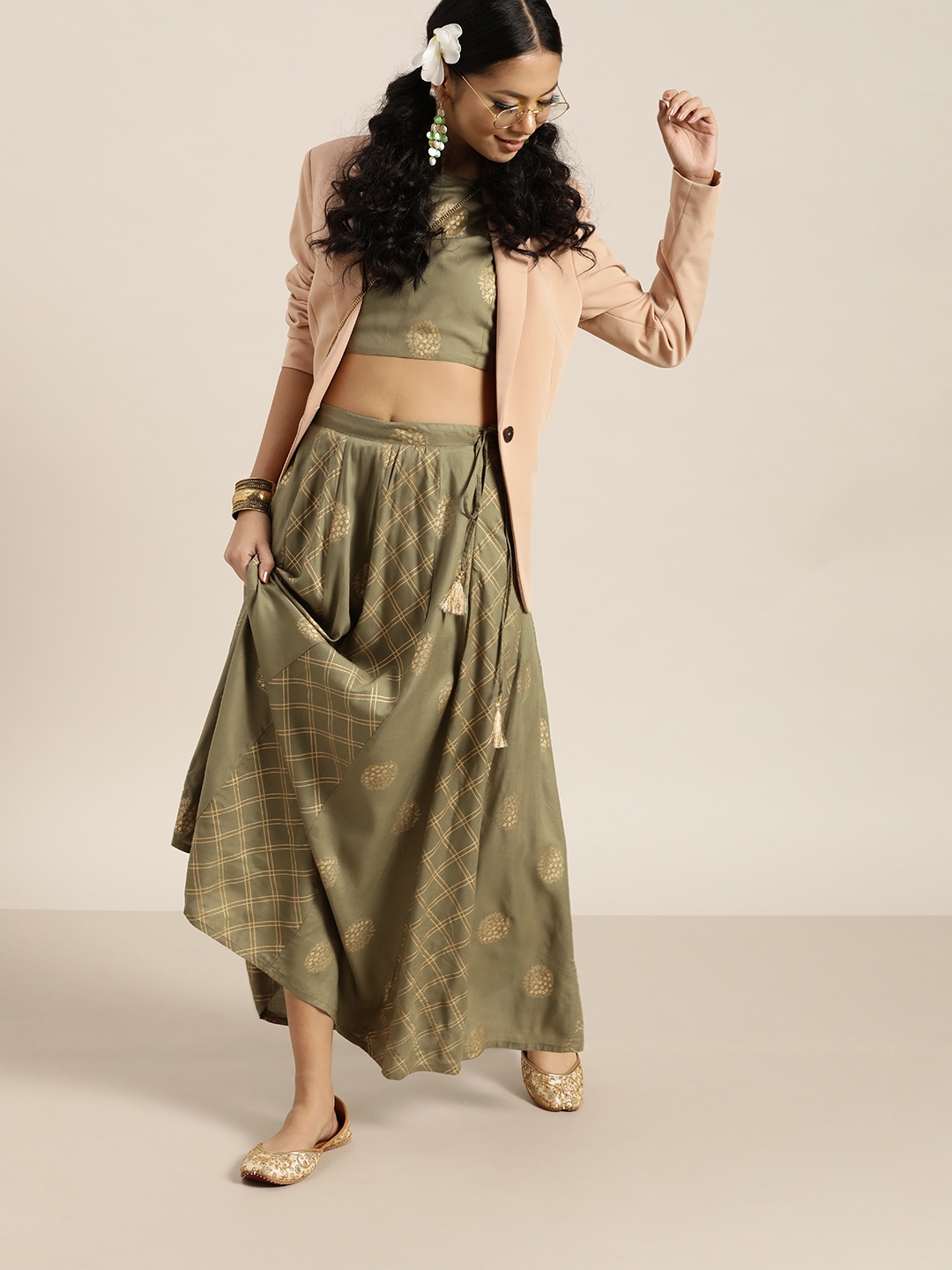 

Shae by SASSAFRAS Olive Green & Gold-Toned Printed Ready to Wear Lehenga & Choli