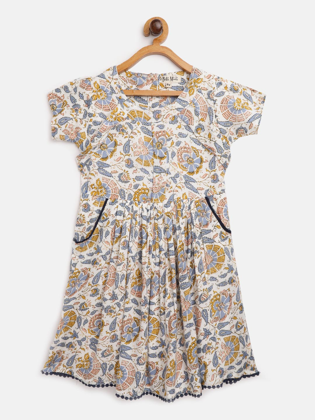 

Bella Moda Girls Off-White & Blue Floral Print Fit and Flare Dress with Pocket Detail