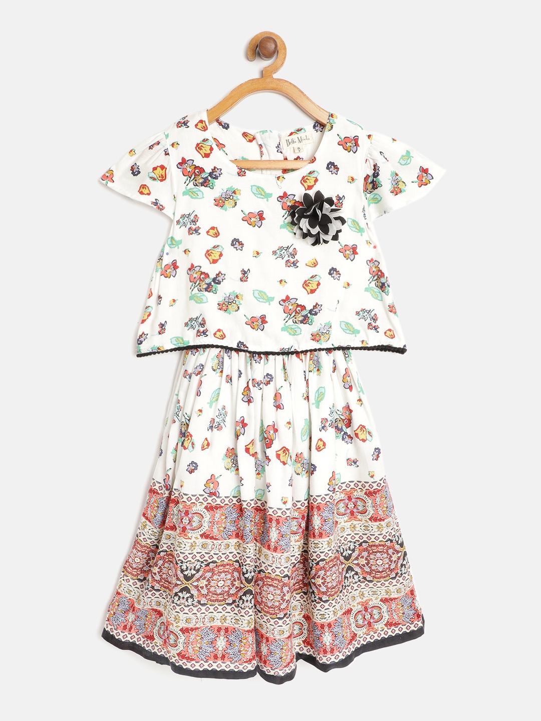 

Bella Moda Girls White & Red Floral Print Layered A-Line Dress with Crochet Lace Detail