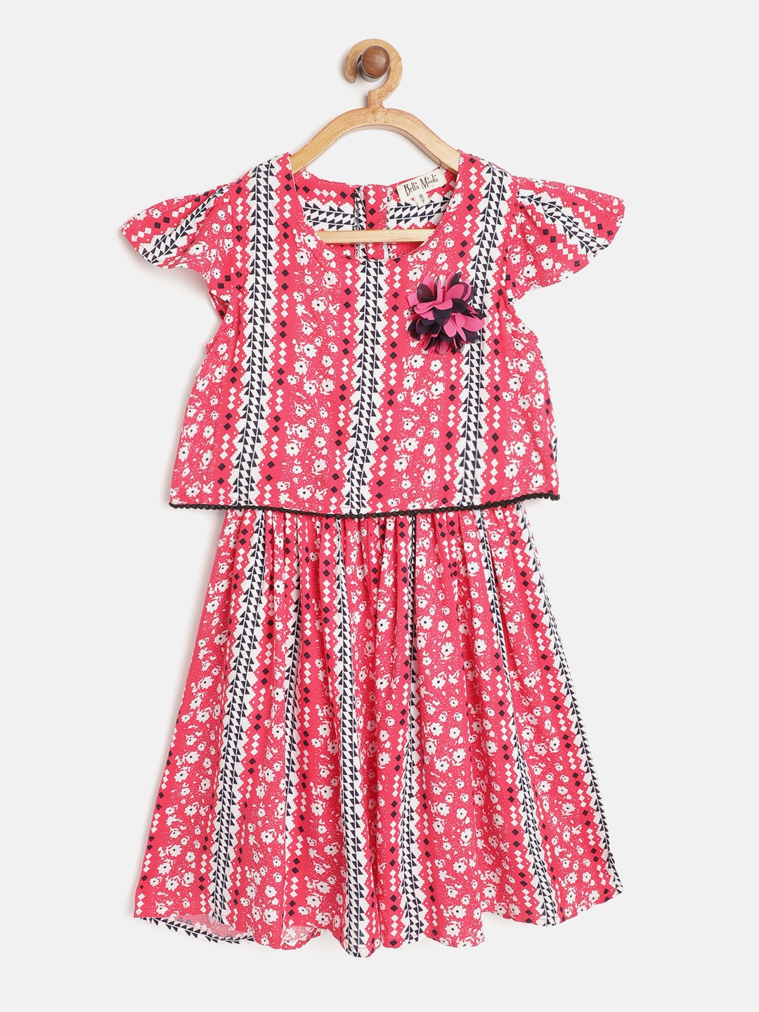 

Bella Moda Girls Pink & White Pure Cotton Geometric Print Layered A-Line Dress