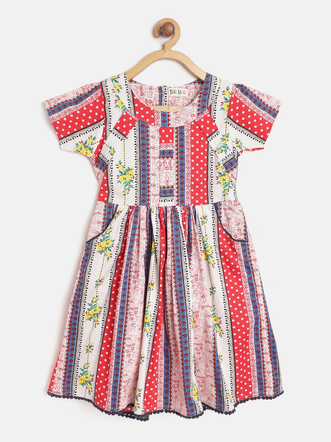 

Bella Moda Girls Red & White Printed Pure Cotton Fit & Flare Dress with Pocket Detail