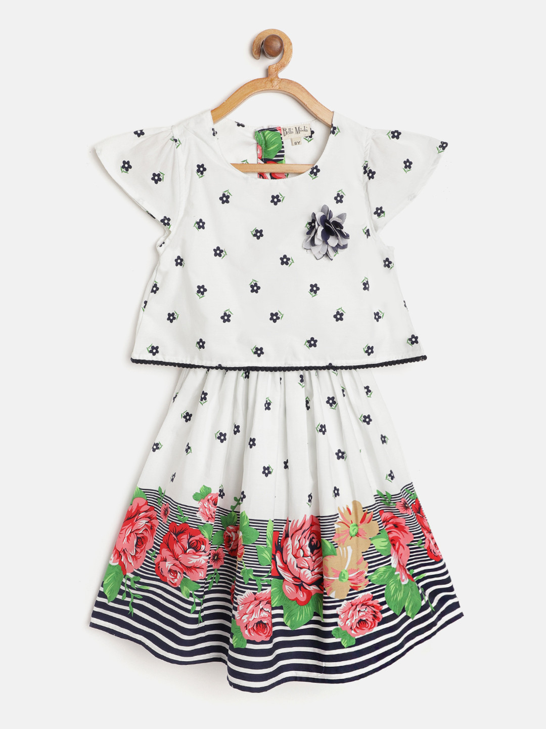 

Bella Moda Girls White & Navy Blue Pure Cotton Floral Print Layered A-Line Dress