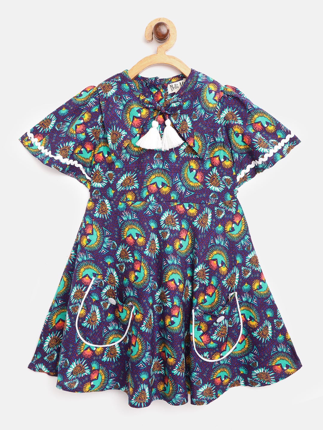 

Bella Moda Girls Blue & Sea Green Bird Print Fit & Flare Dress with Pocket Detail