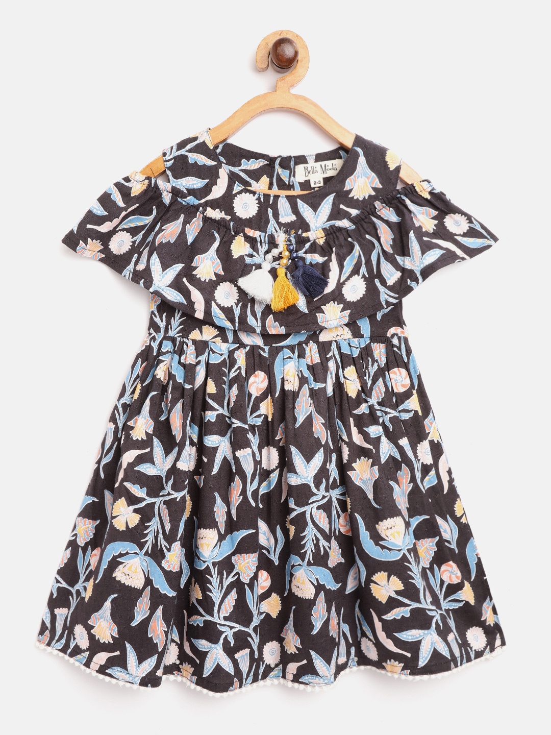

Bella Moda Girls Black & Blue Floral Print Fit and Flare Dress with Tasselled Detail