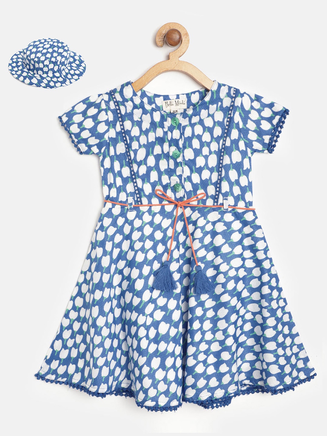 

Bella Moda Girls Blue & White Floral Print A-Line Dress with Hat & Belt