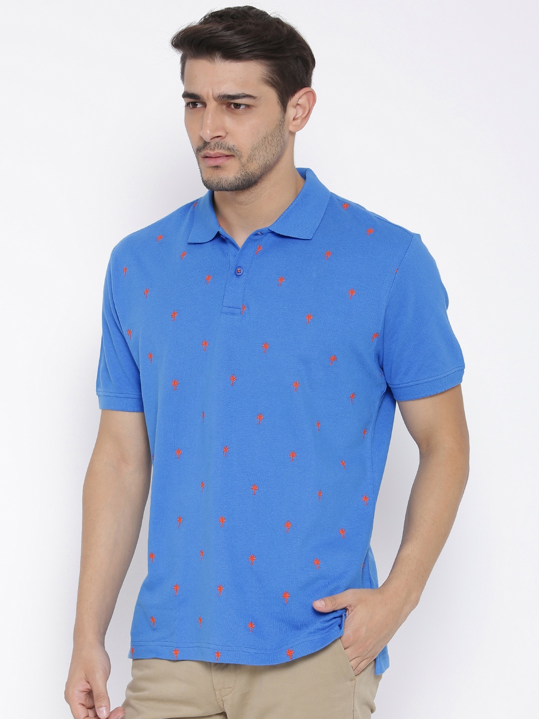 

Wills Lifestyle Men Blue Self-Design Slim Fit Polo Collar Pure Cotton T-shirt