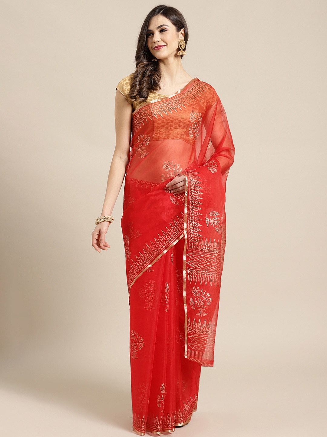 

Kalakari India Red & Golden Printed Bagru Handloom Saree