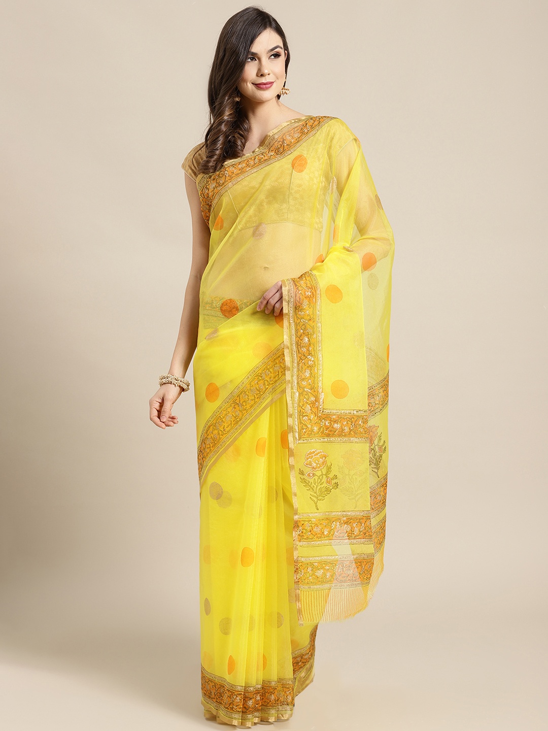 

Kalakari India Yellow & Orange Printed Bagru Handloom Saree