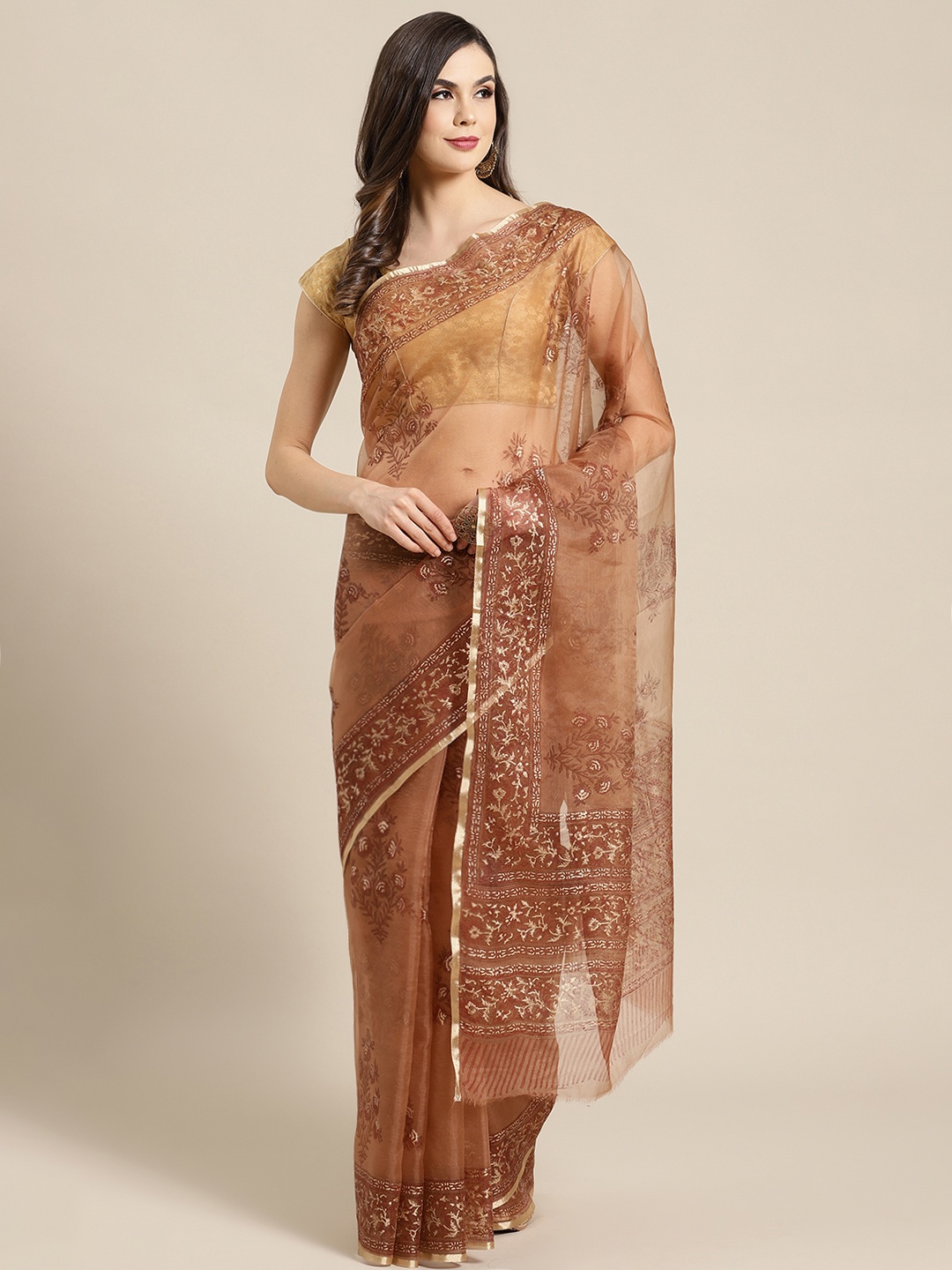 

Kalakari India Brown & Golden Printed Bagru Handloom Saree